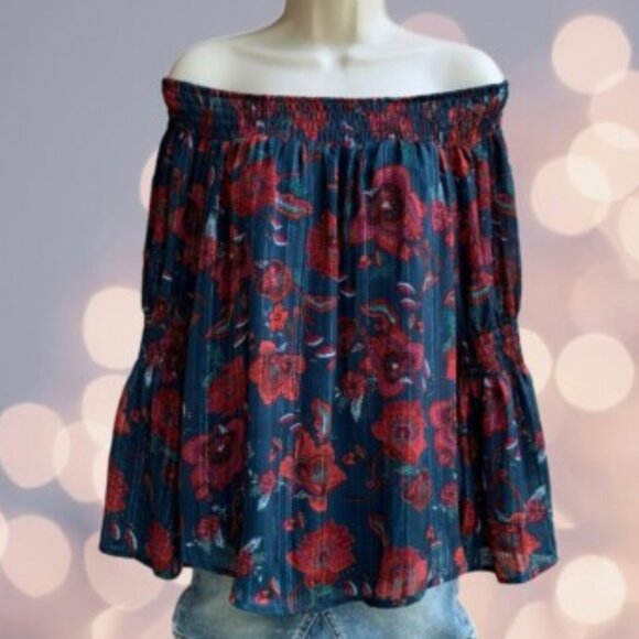 🌸Charming Charlie Floral Scoop Neck Women's Babydoll Top Teal Red Shiny Boho🌸 - Picture 3 of 12